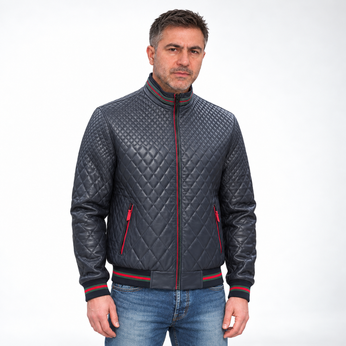 Men’s Diamond Quilted Bomber Jacket with Striped Trim