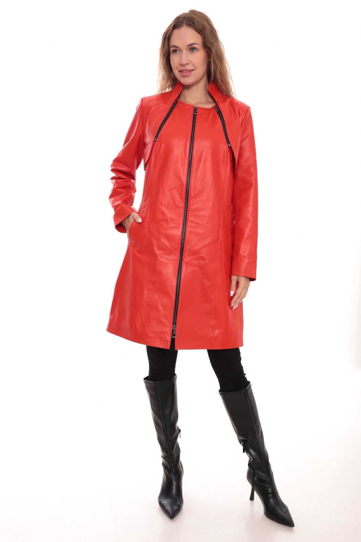 Alesha Premium Leather Longline Coat  Red