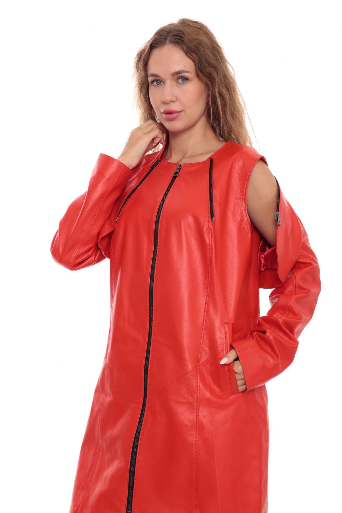 Alesha Premium Leather Longline Coat  Red