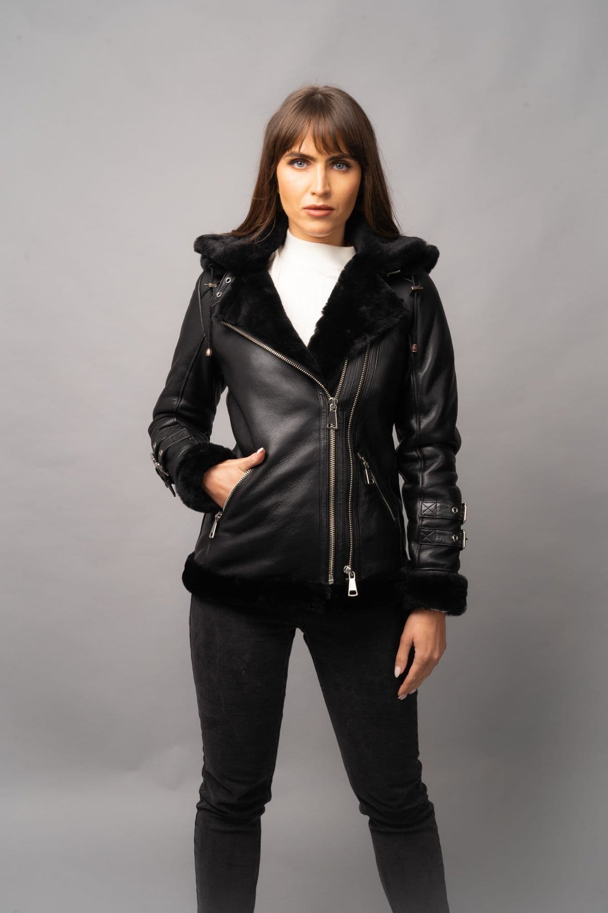Black Sheepskin Biker Jacket  hooded