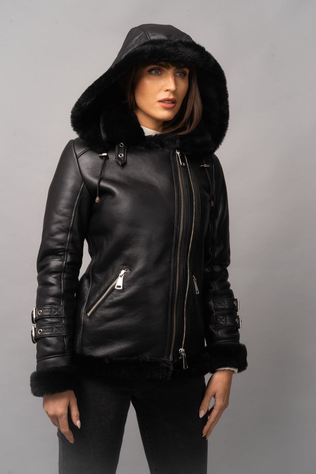 Black Sheepskin Biker Jacket  hooded