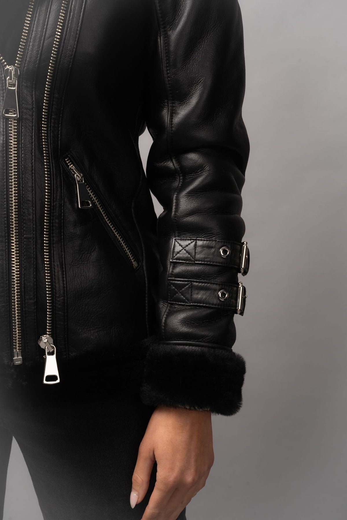 Black Sheepskin Biker Jacket  hooded