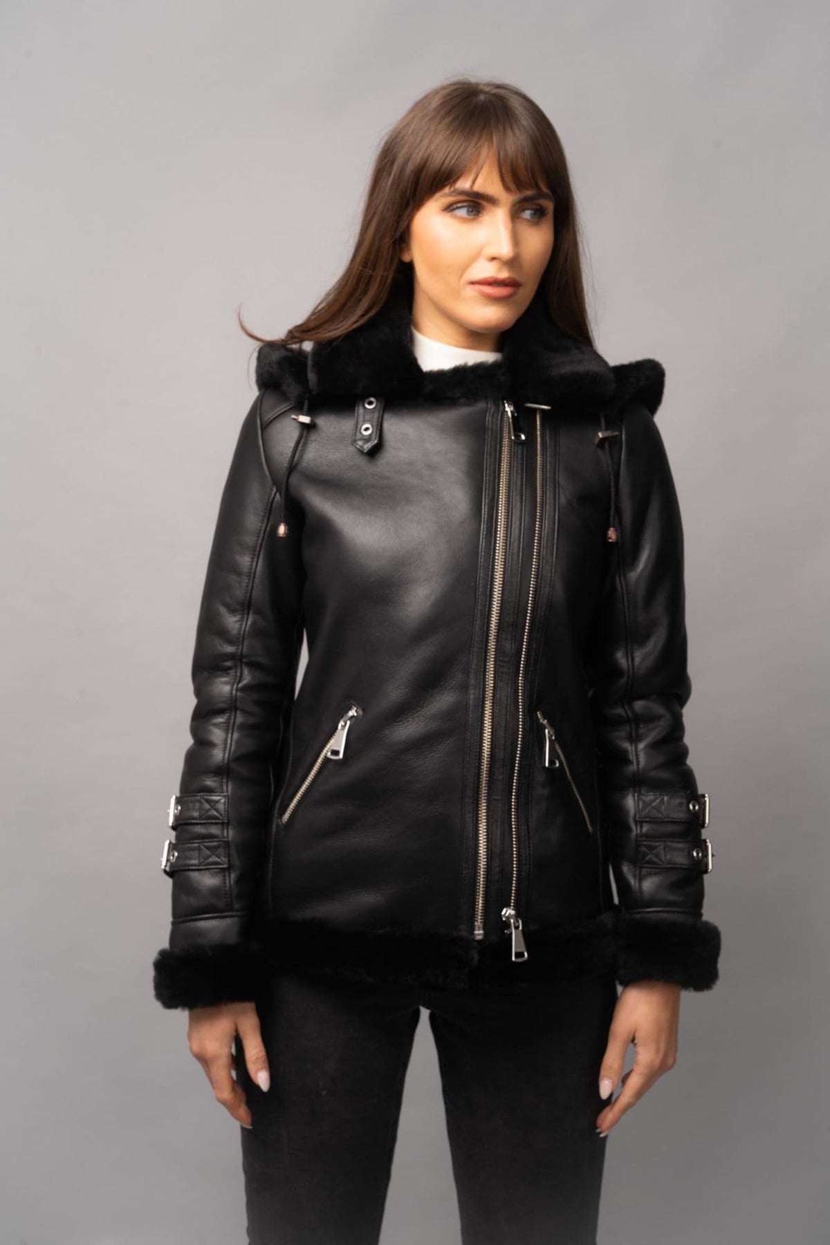 Black Sheepskin Biker Jacket  hooded