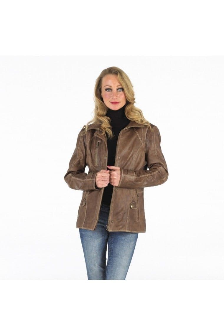 Ladies Hip Length Nappa Leather Jacket in Mink