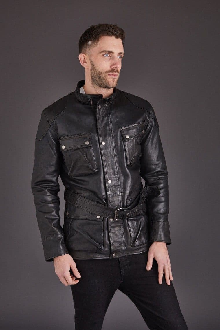 Men's Black Belted Leather Coat