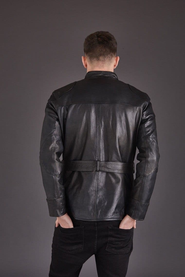 Men's Black Belted Leather Coat