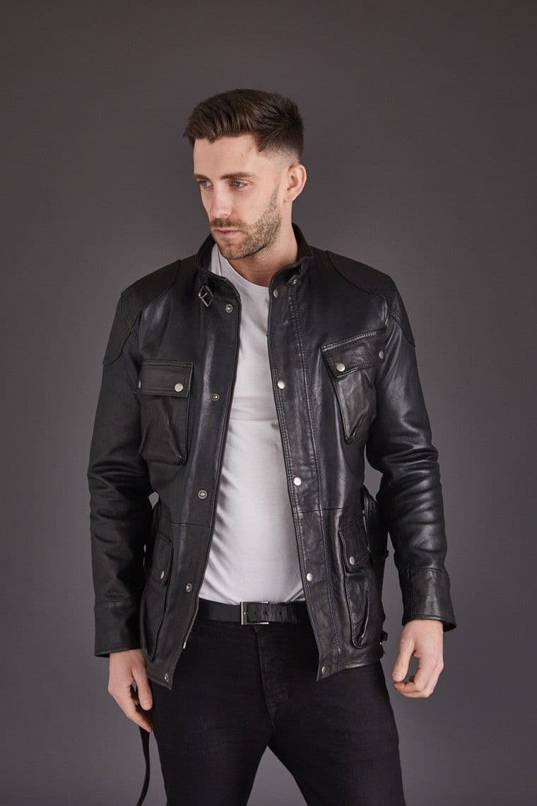 Men's Black Belted Leather Coat