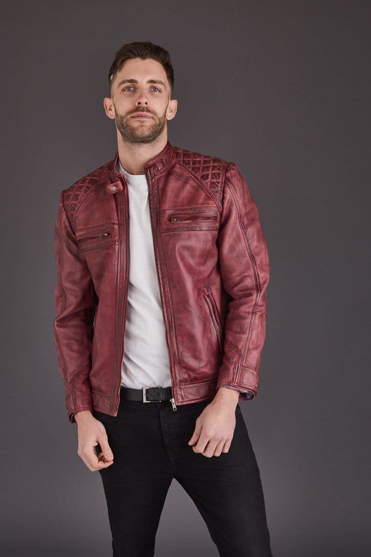 Men's Leather Biker in Burgundy : Deryl