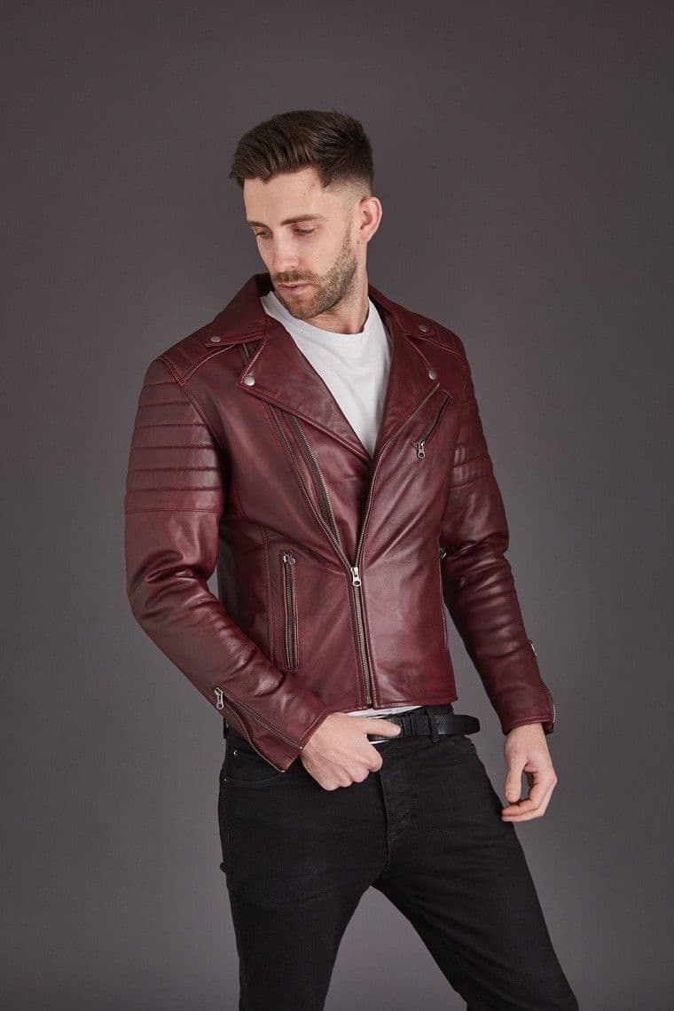 Men's Leather Biker Jacket Burgundy