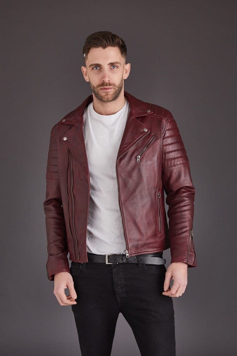 Men's Leather Biker Jacket Burgundy