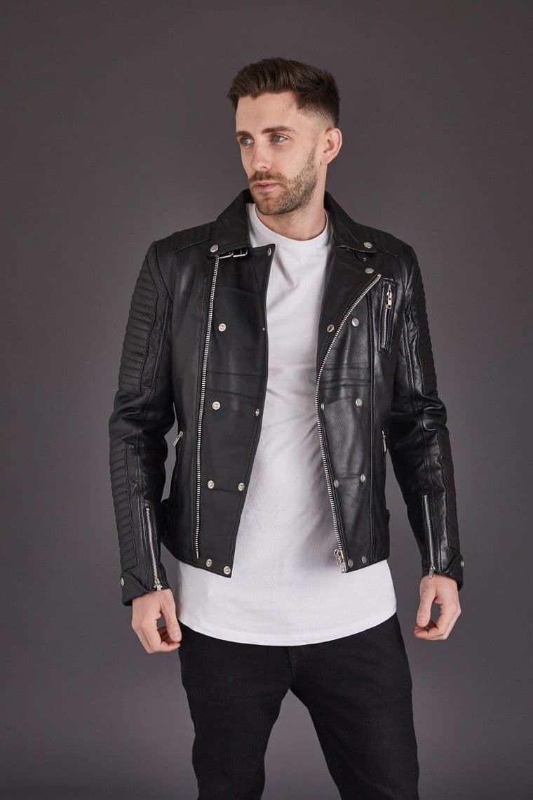 Men's Leather Biker Jacket in Black : Josh