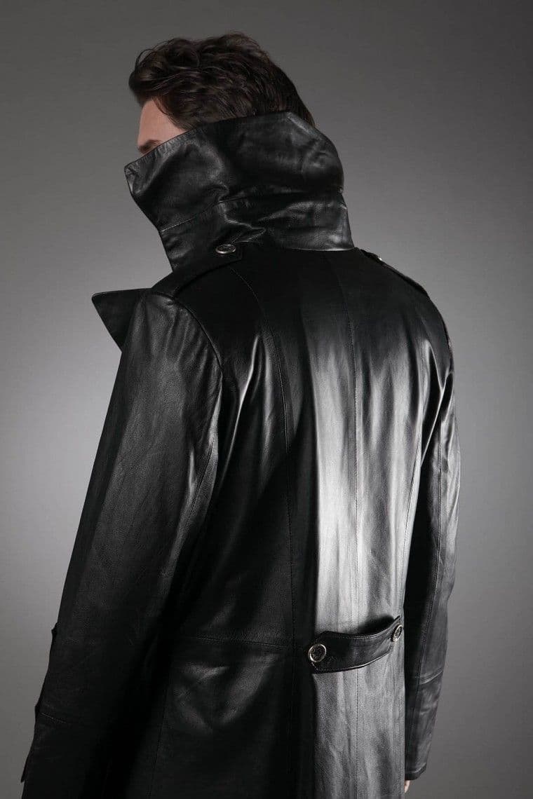 Men's Military Leather Trench Coat in Black