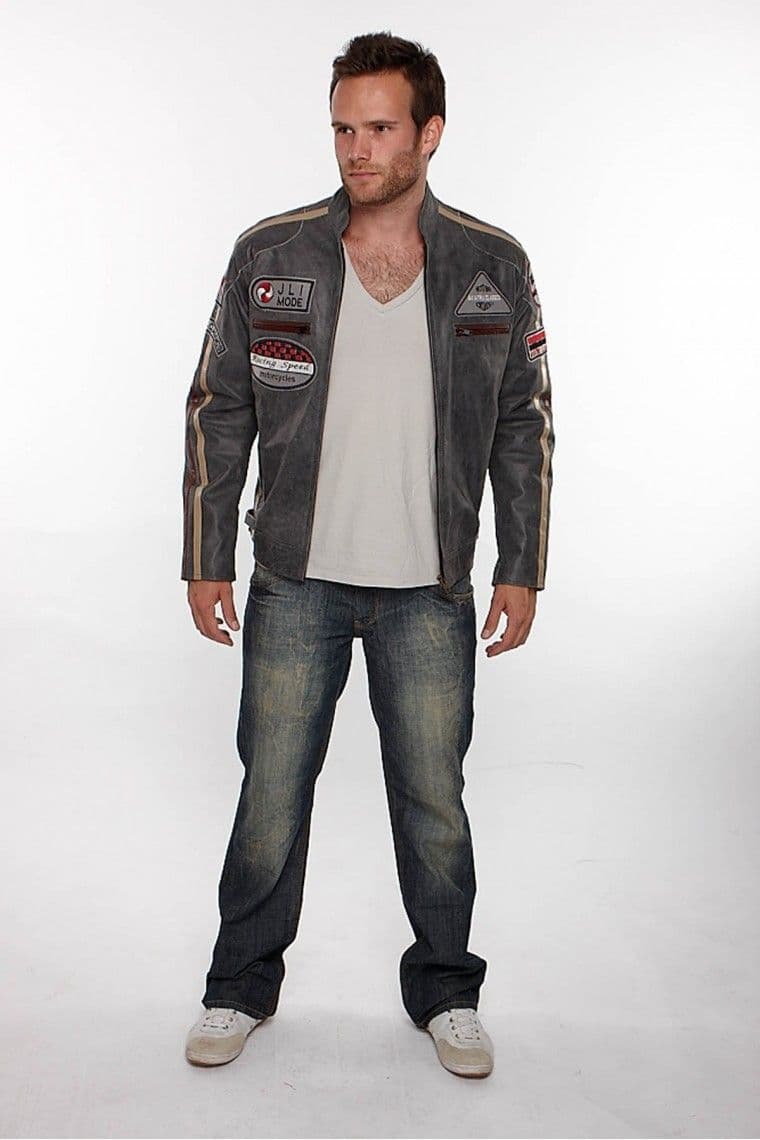 Mens Leather Biker Jacket w Badges in Taupe