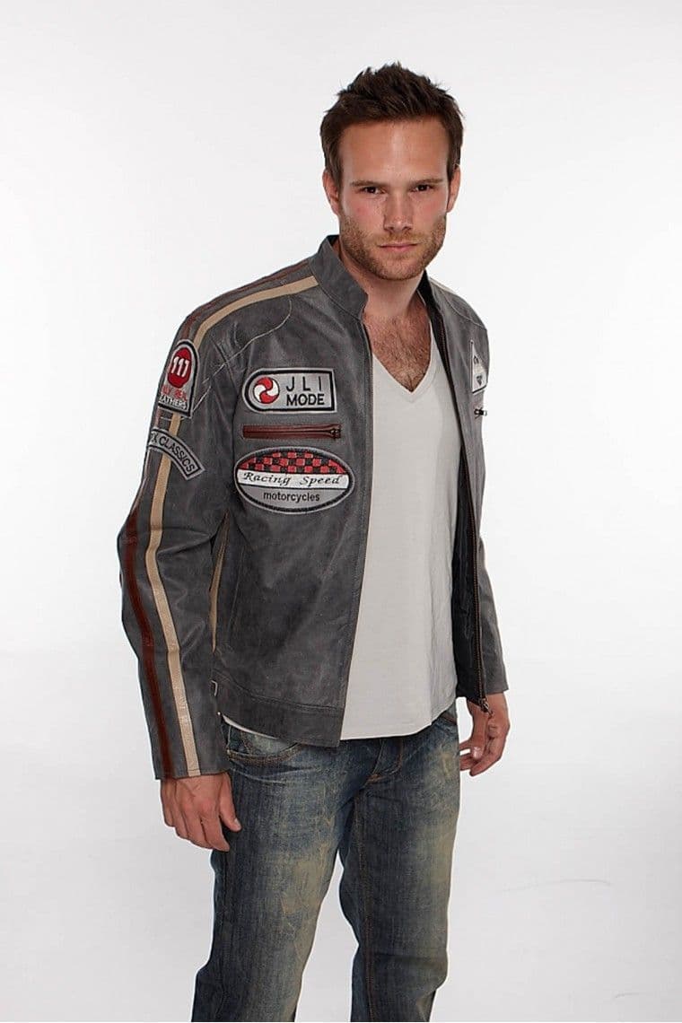 Mens Leather Biker Jacket w Badges in Taupe