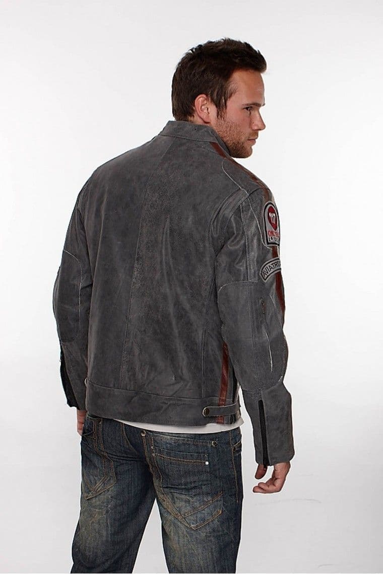Mens Leather Biker Jacket w Badges in Taupe