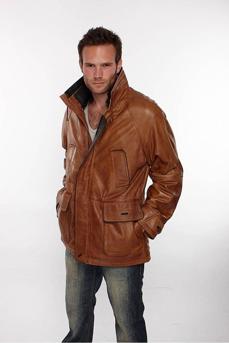 Mens Leather Parka Coat in Timber Brown