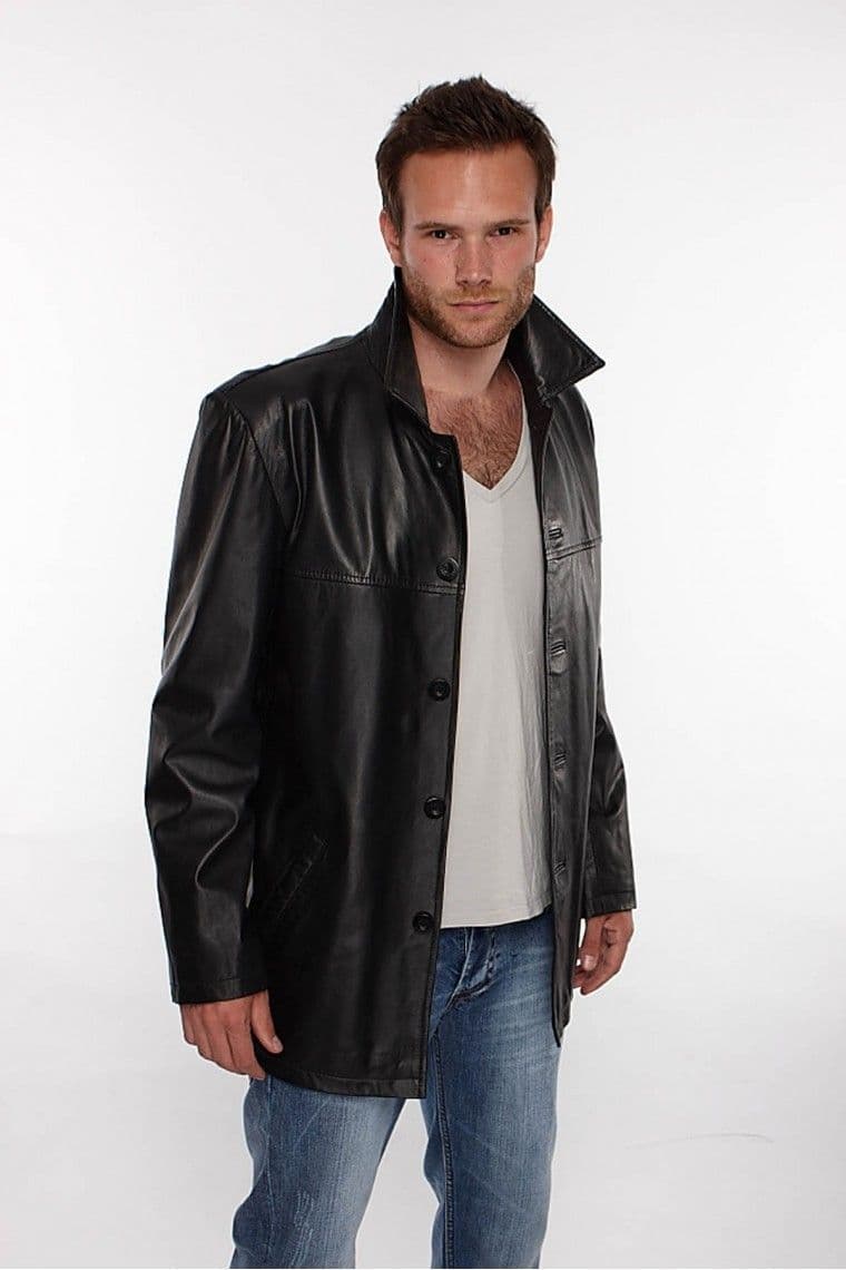 Mens Reefer Leather Jacket in Black