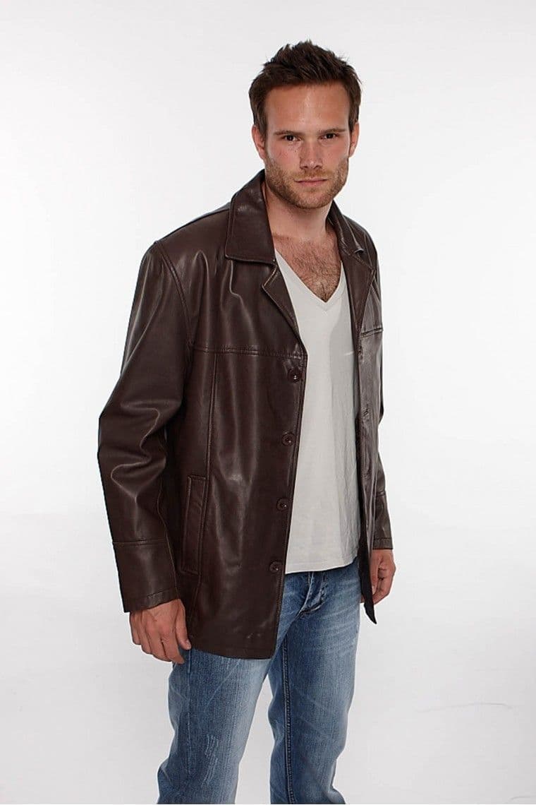 Mens Reefer Leather Jacket in Brown