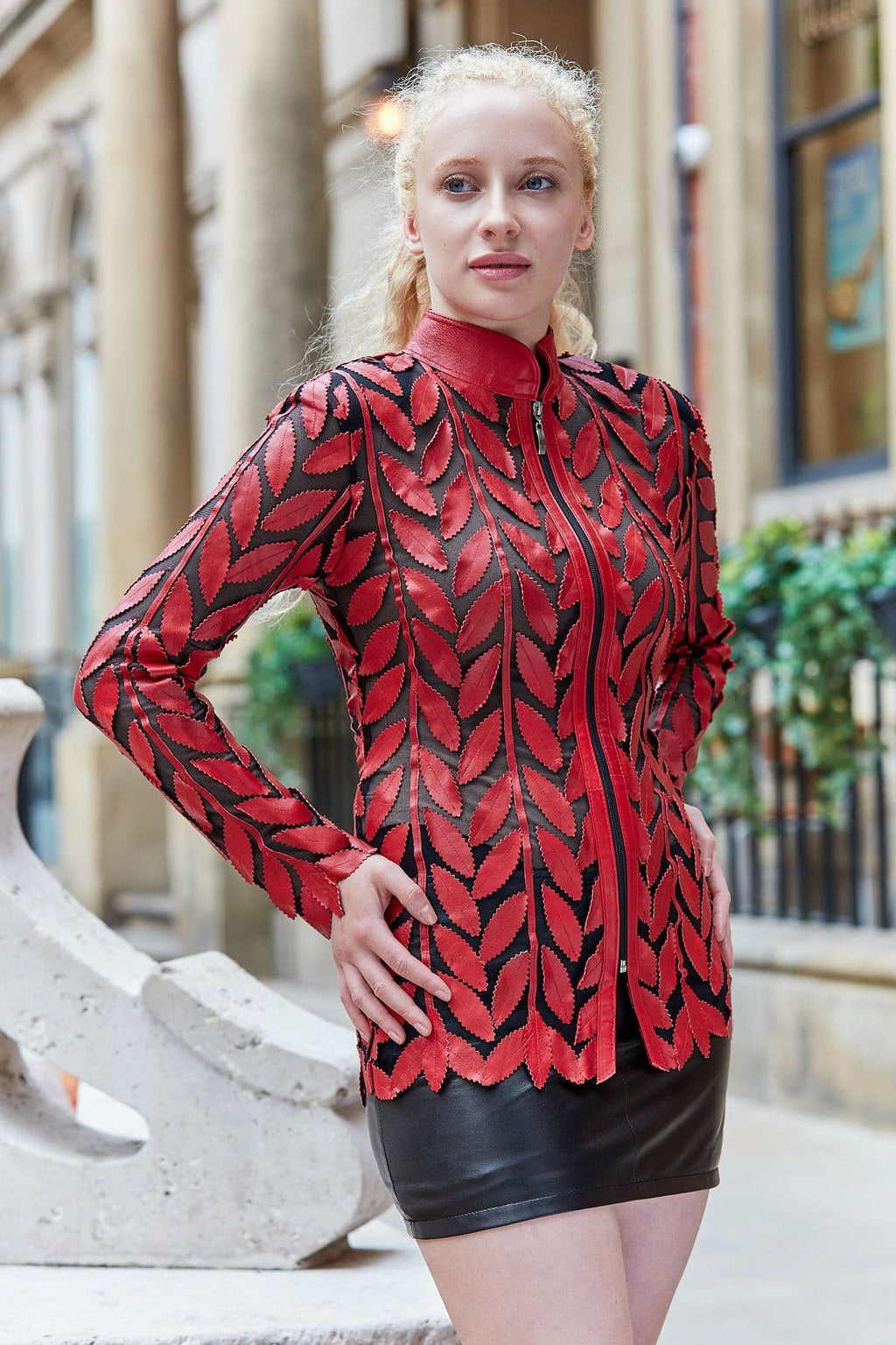 Red Leather Leaf Jacket Ladies