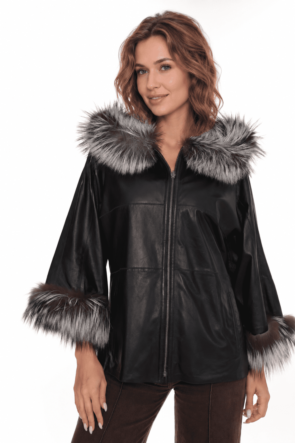 Reversible Fox fur Collar Leather Coat