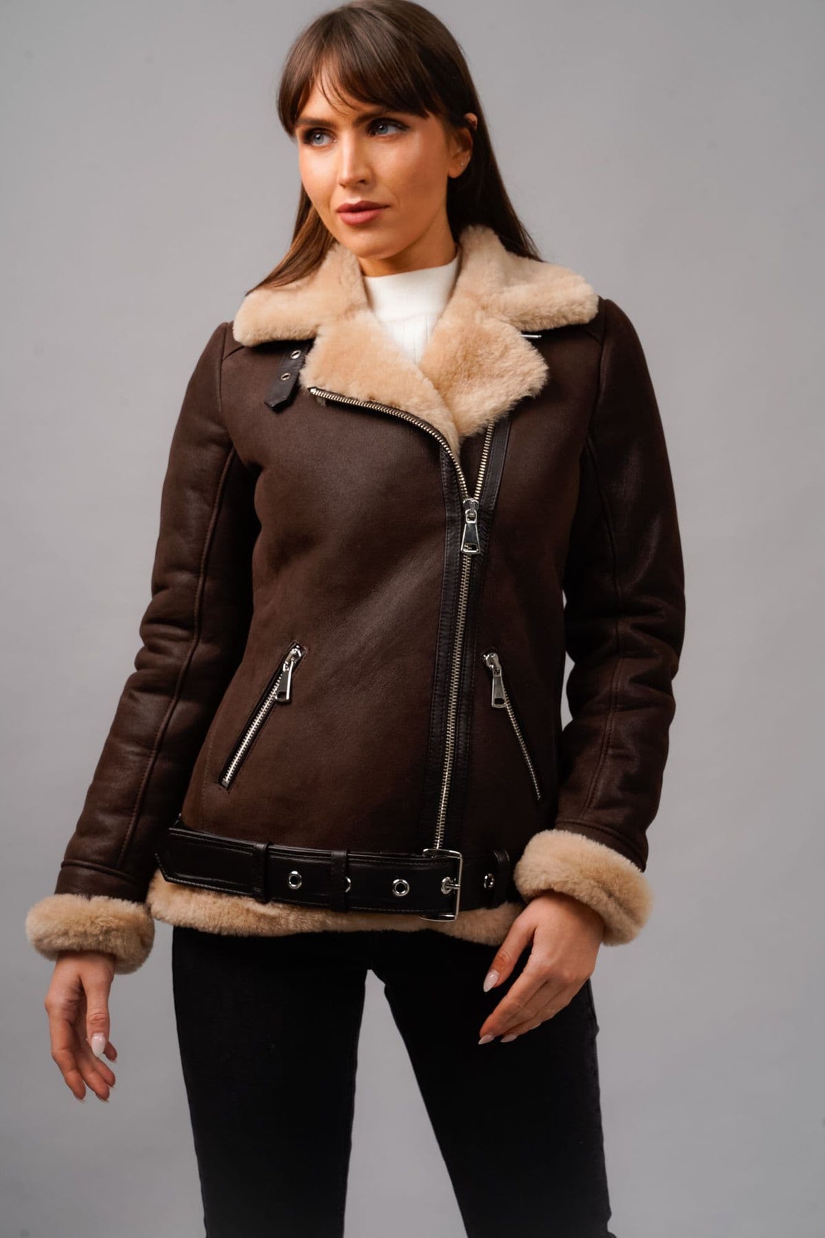Sheepskin Biker Jacket  Brown