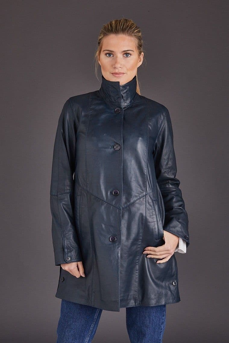 Swing Leather Coat Navy Womens