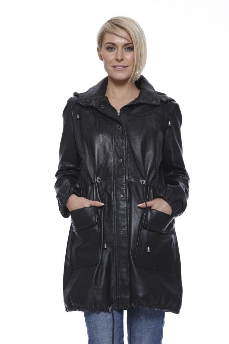 Women Leather Coat With Hood in Black