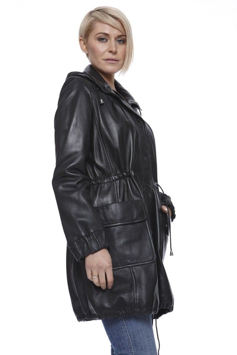 Women Leather Coat With Hood in Black