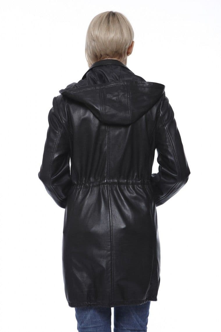 Women Leather Coat With Hood in Black