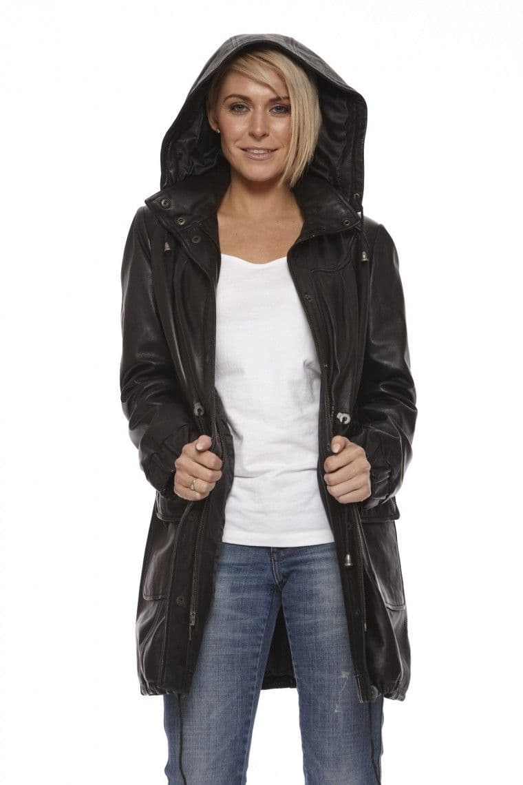 Women Leather Coat With Hood in Black