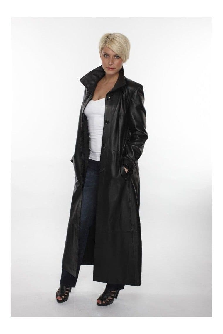 Women Leather Full Length Coat in Black