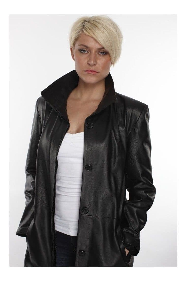 Women Leather Full Length Coat in Black