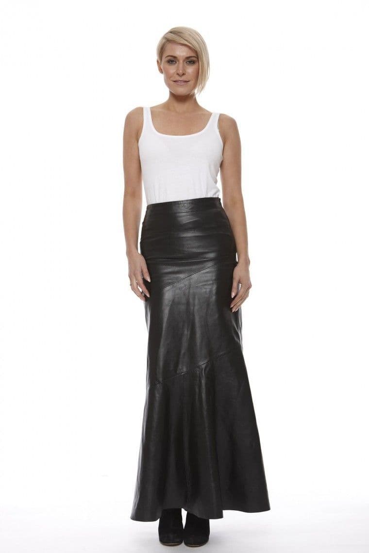Women Leather Full length Skirt in Black