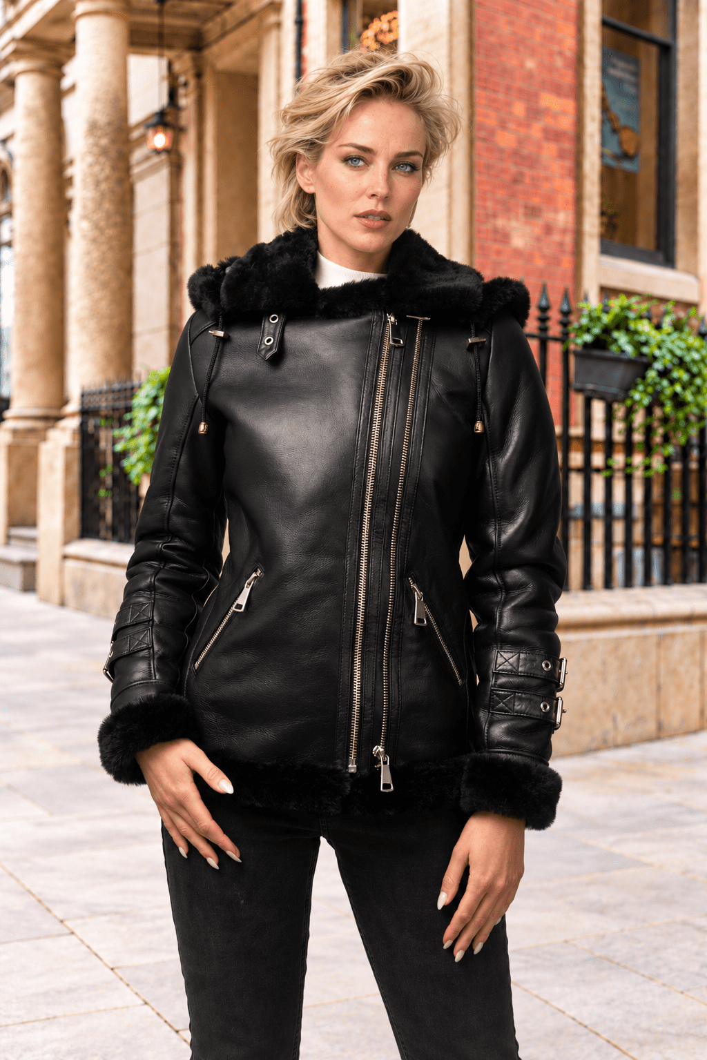 Womens Black Hooded Sheepskin Aviator Jacket