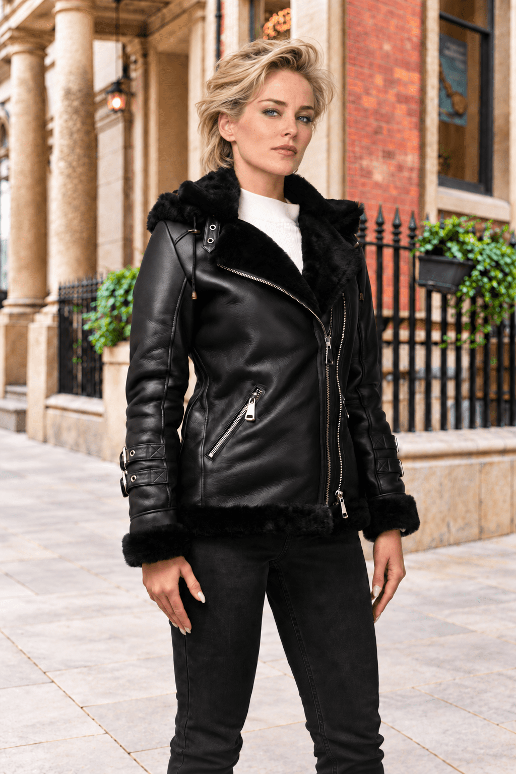 Womens Black Hooded Sheepskin Aviator Jacket