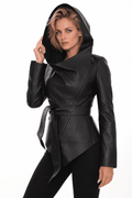 Womens Black Leather Hooded Jacket