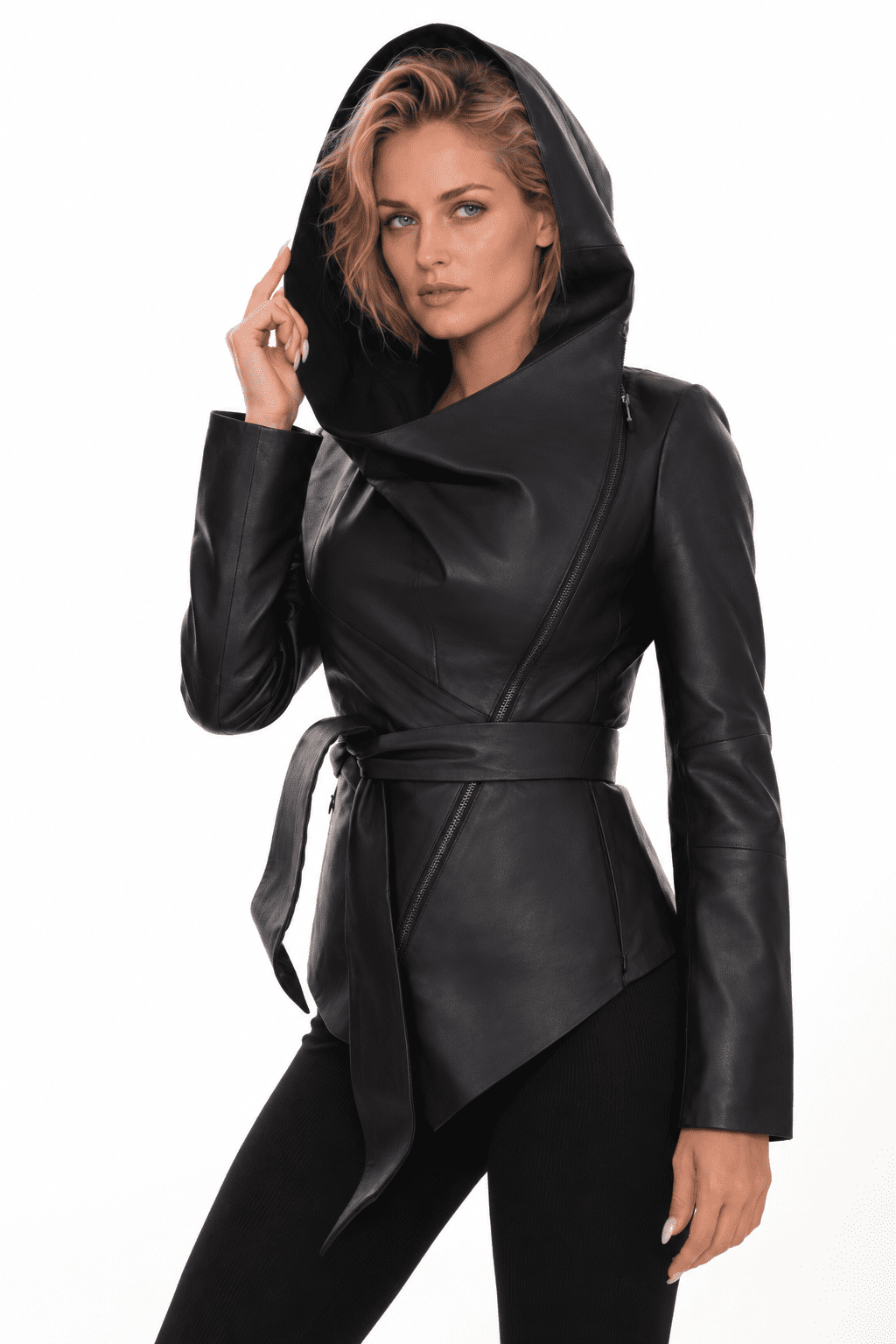 Womens Black Leather Hooded Jacket