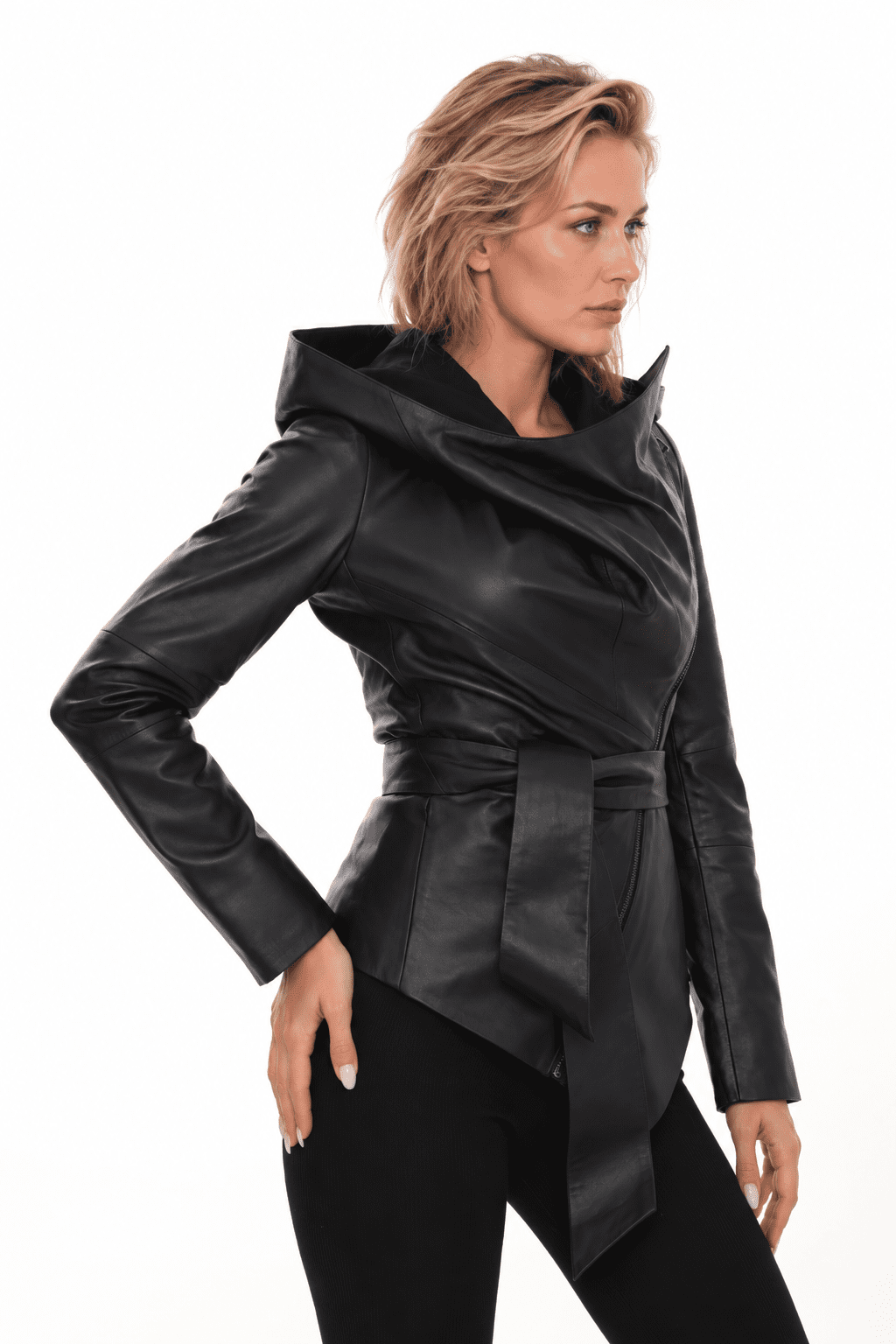 Womens Black Leather Hooded Jacket