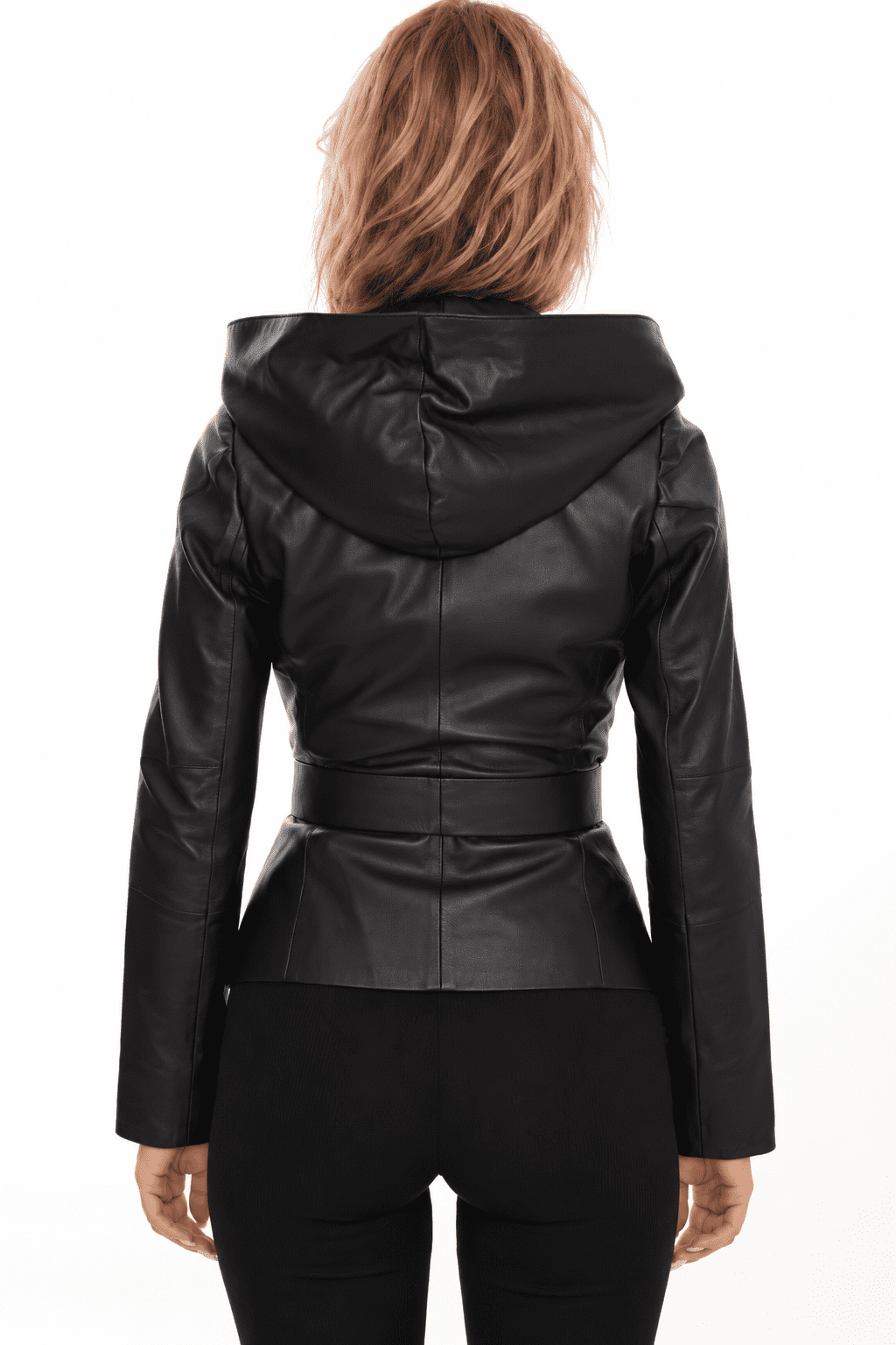 Womens Black Leather Hooded Jacket