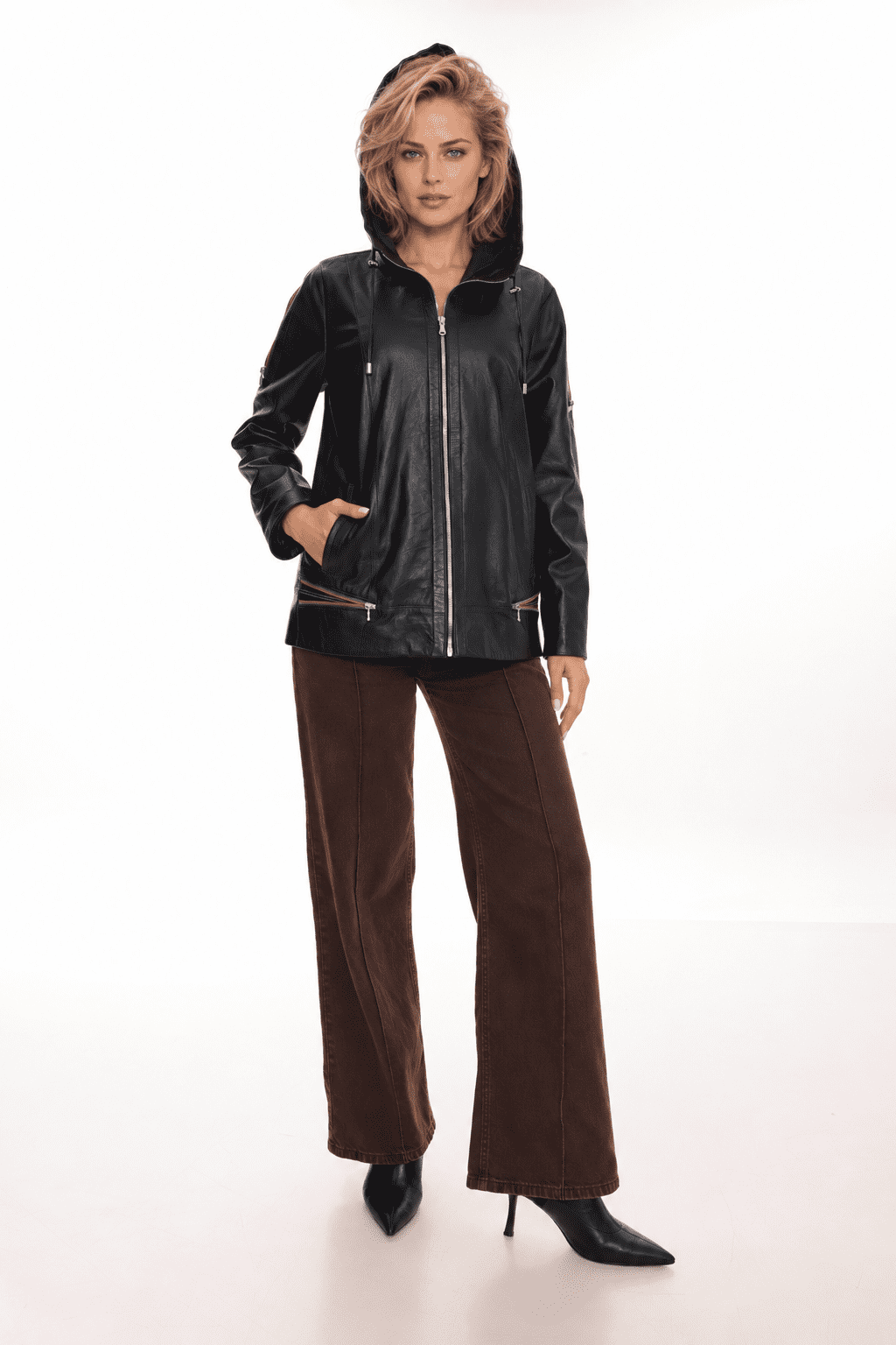 Womens Black Leather Hooded Jacket:mk