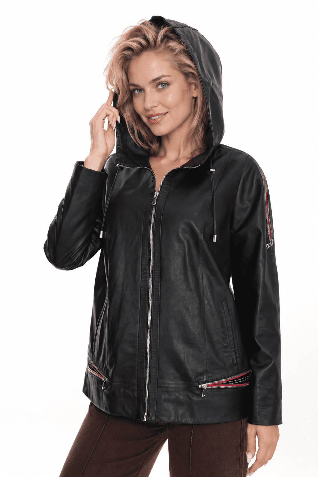Womens Black Leather Hooded Jacket:mk