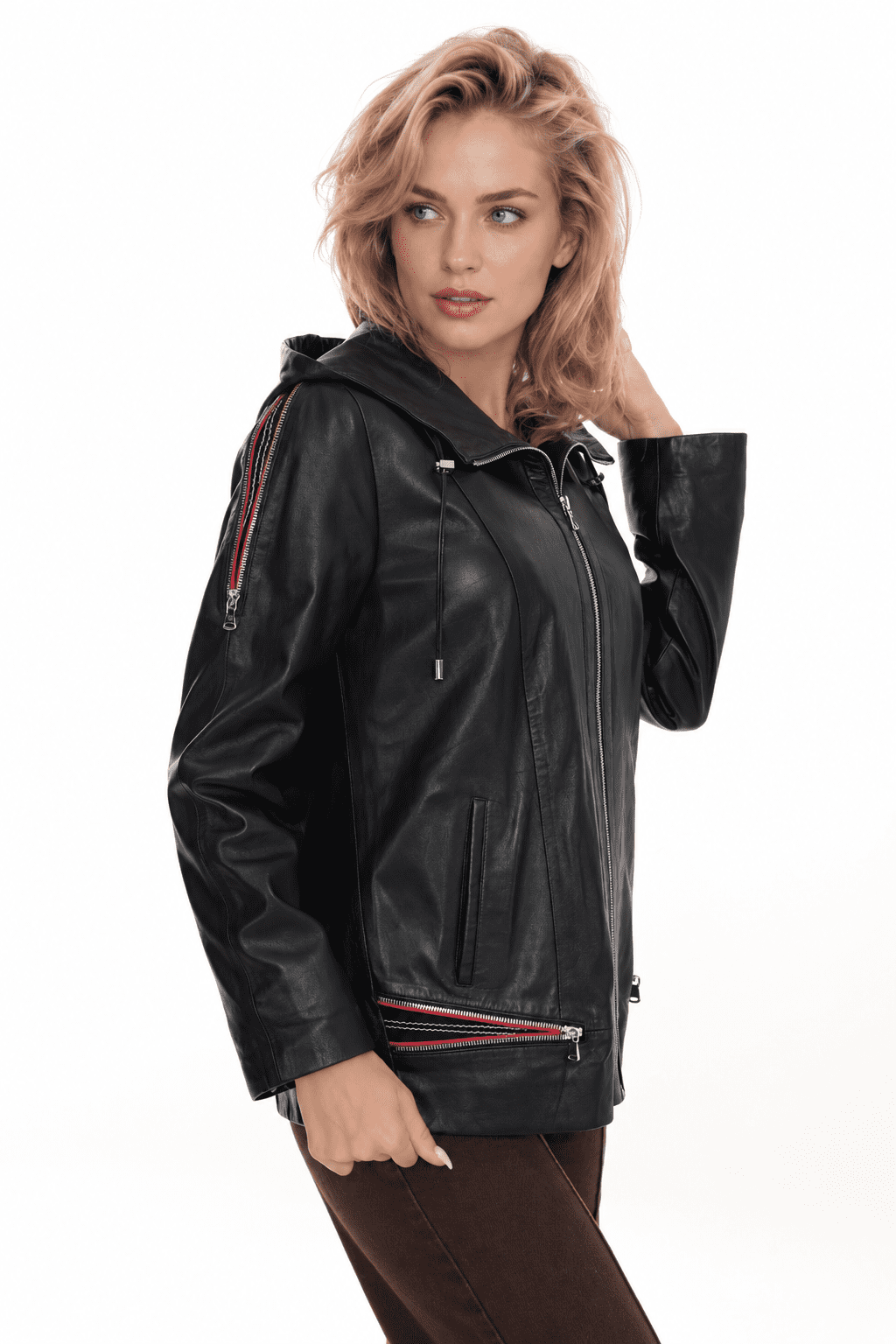 Womens Black Leather Hooded Jacket:mk