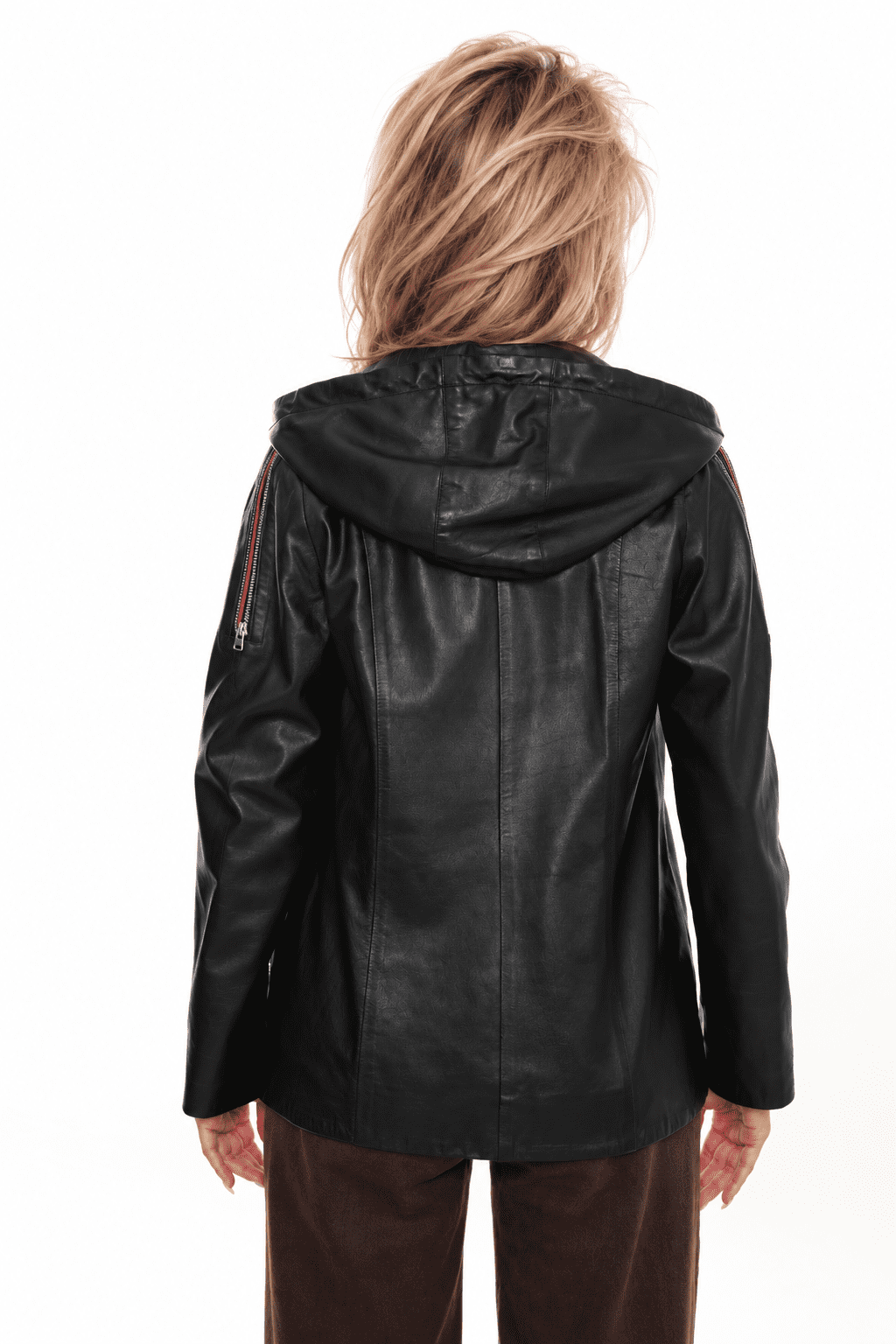 Womens Black Leather Hooded Jacket:mk