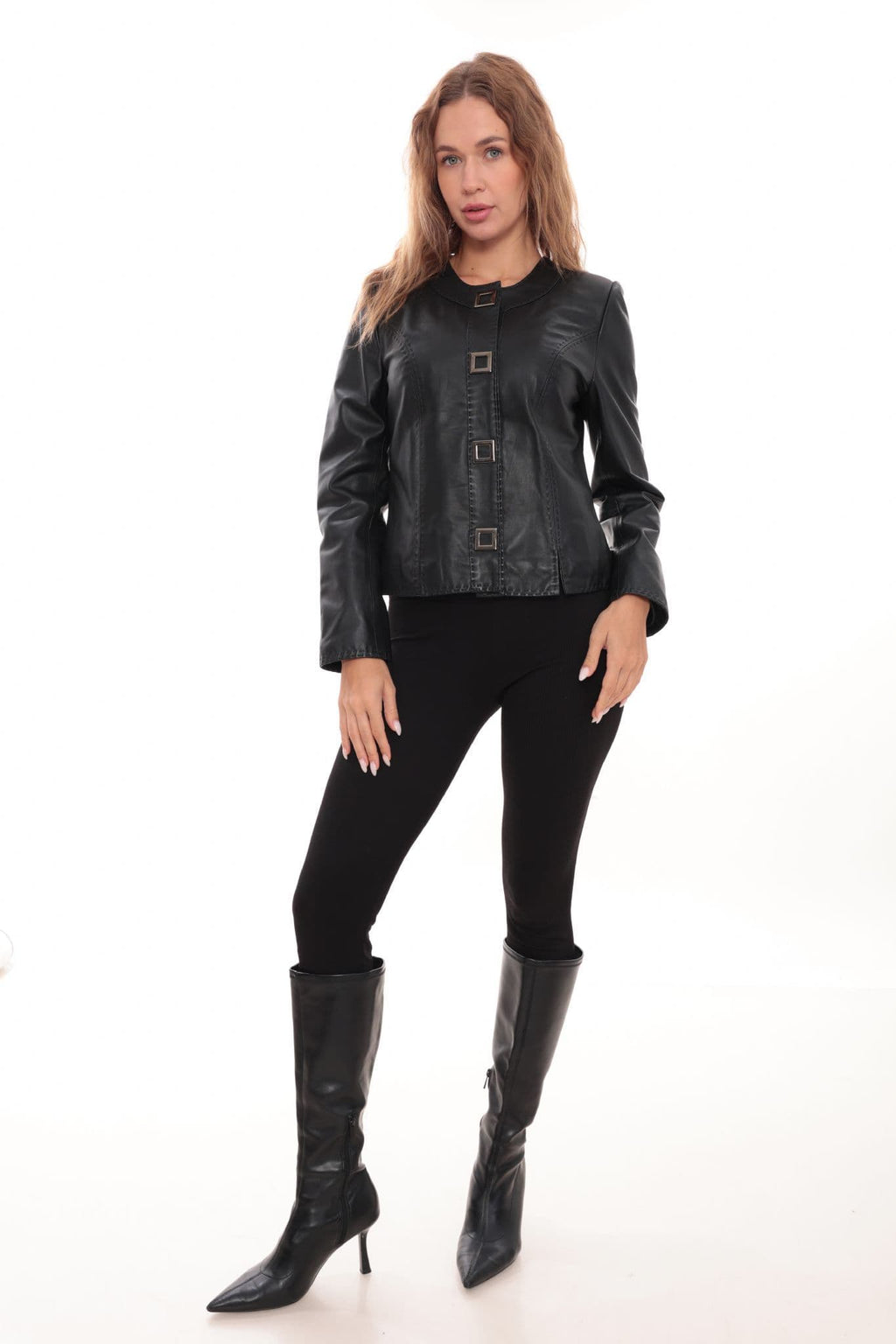 Womens Black Leather Jacket  Elegant Button Detail