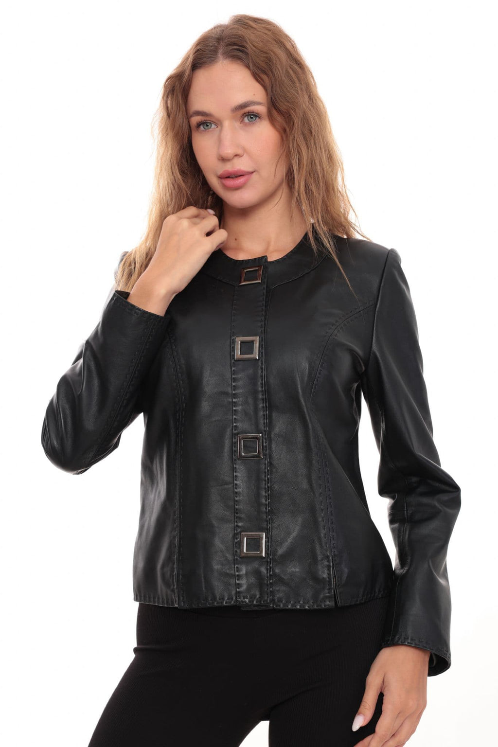 Womens Black Leather Jacket  Elegant Button Detail