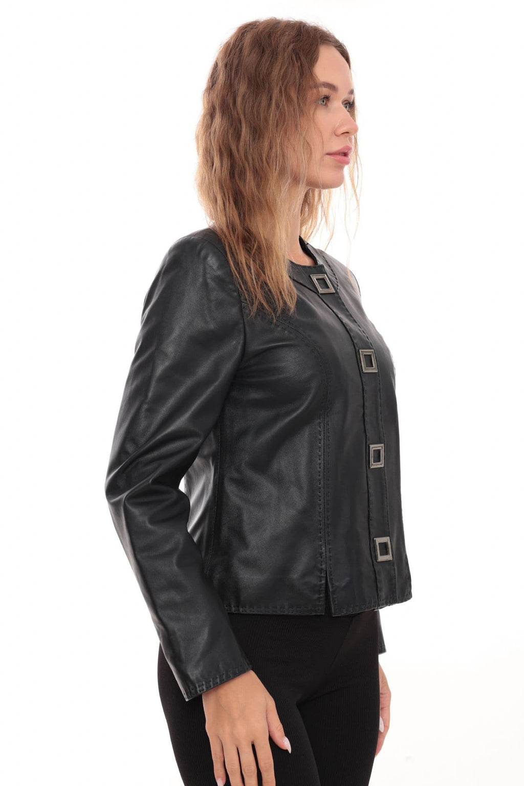Womens Black Leather Jacket  Elegant Button Detail