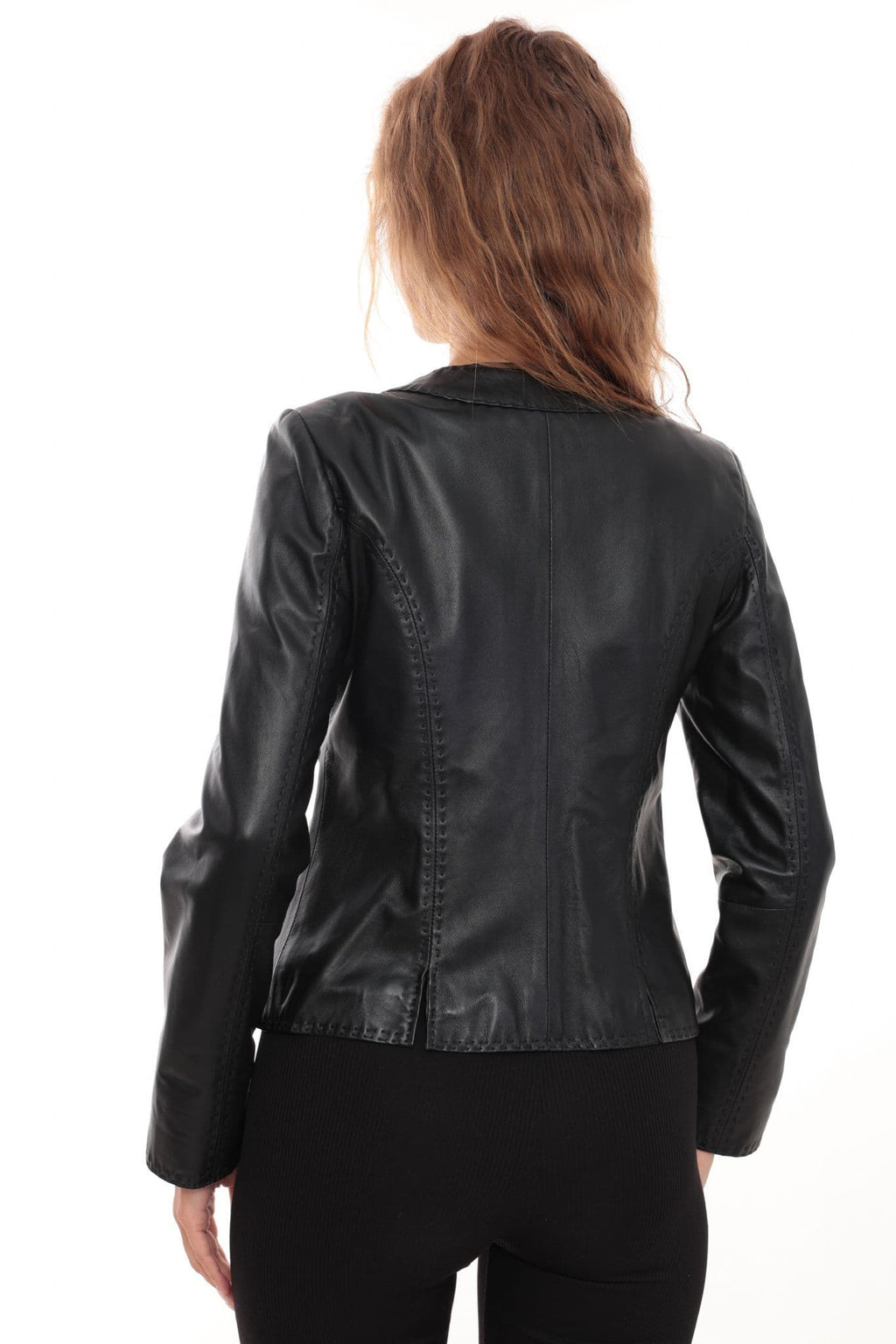 Womens Black Leather Jacket  Elegant Button Detail