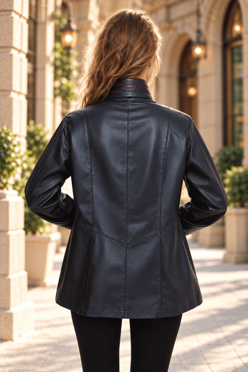 Womens Navy Leather Coat with Red Trim