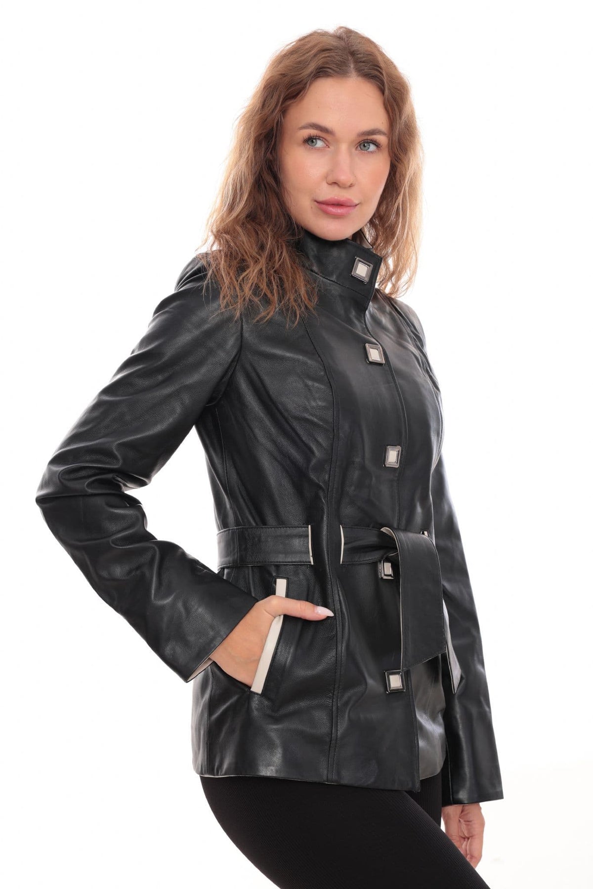 Womens Premium Leather Belted Jacket  Black