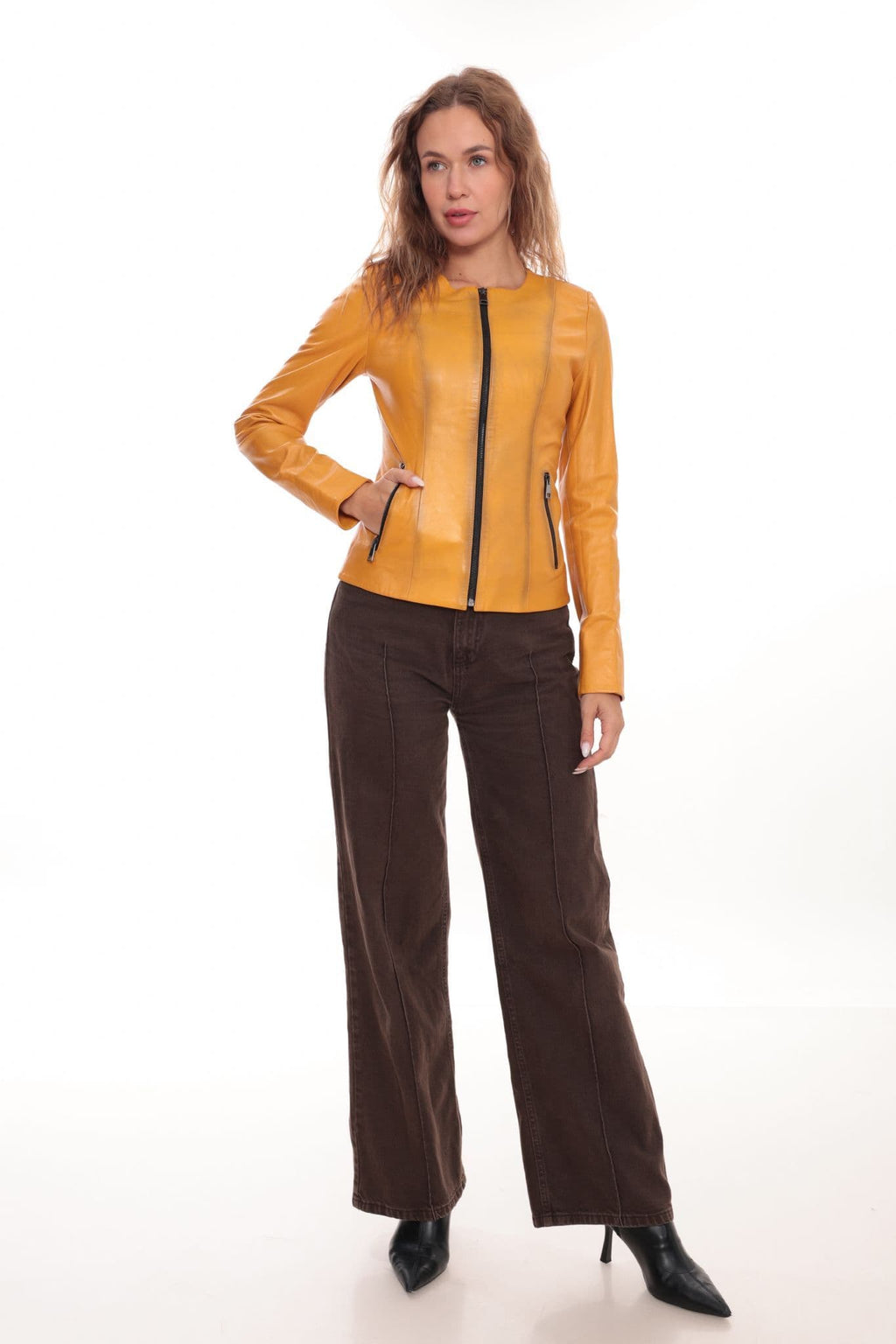 Womens Premium Reversible Leather Jacket  Mustard Yellow